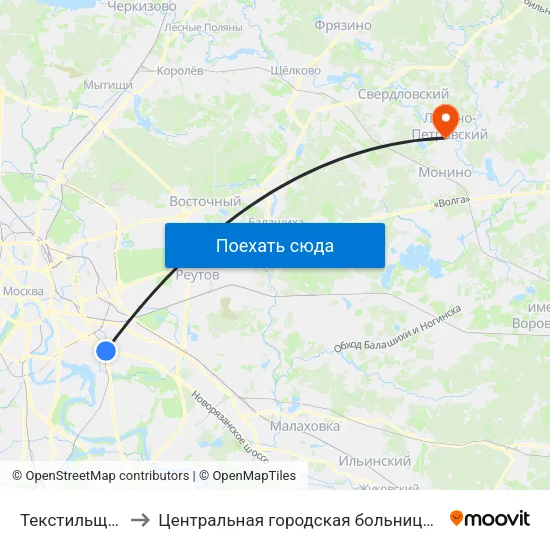 Текстильщики (Tekstilschiki) to Центральная городская больница,г.Лосино-Петровский,Московская область map