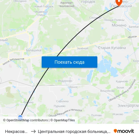 Некрасовка (Nekrasovka) to Центральная городская больница,г.Лосино-Петровский,Московская область map