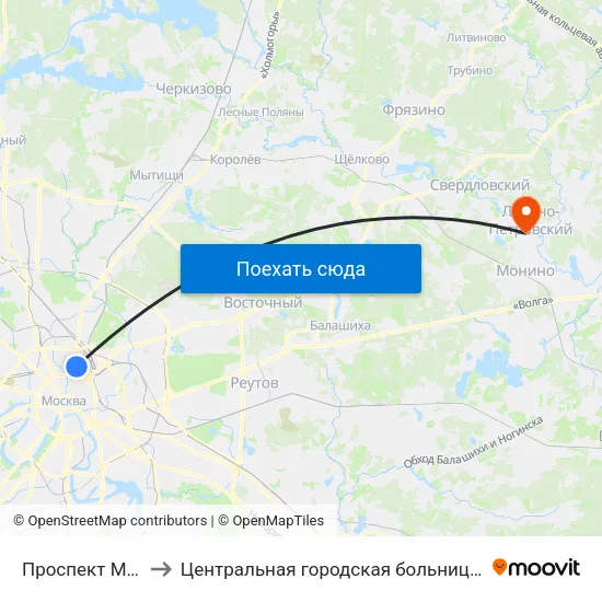 Проспект Мира (Prospekt Mira) to Центральная городская больница,г.Лосино-Петровский,Московская область map