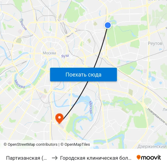 Партизанская (Partizanskaya) to Городская клиническая больница им. С. С. Юдина map