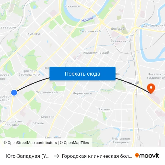 Юго-Западная (Yugo-Zapadnaya) to Городская клиническая больница им. С. С. Юдина map