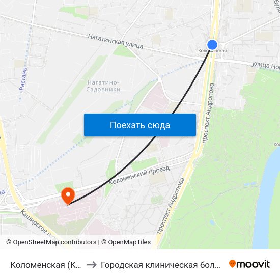 Коломенская (Kolomenskaya) to Городская клиническая больница им. С. С. Юдина map