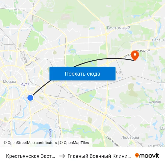 Крестьянская Застава (Krestyanskaya Zastava) to Главный Военный Клинический Госпиталь ВВ МВД России map