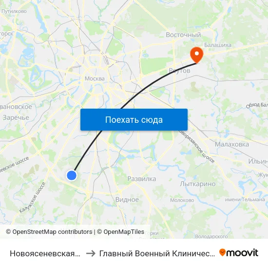 Новоясеневская (Novoyasenevskaya) to Главный Военный Клинический Госпиталь ВВ МВД России map