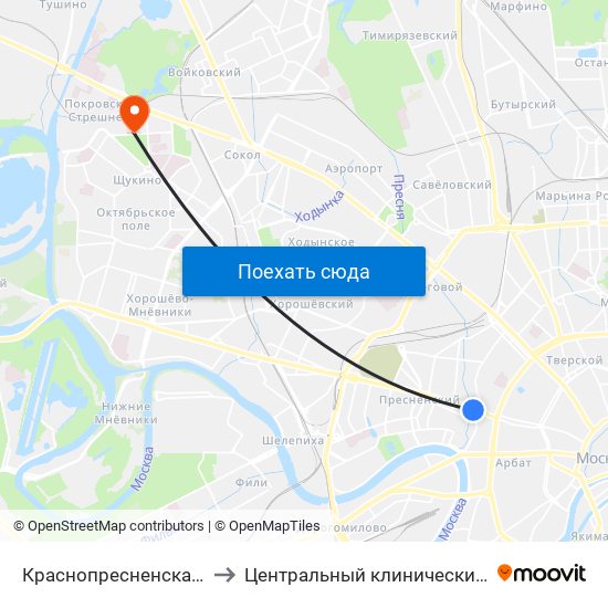 Краснопресненская (Krasnopresnenskaya) to Центральный клинический военный госпиталь ФСБ РФ map