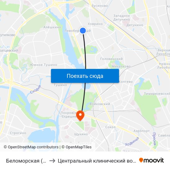 Беломорская (Belomorskaya) to Центральный клинический военный госпиталь ФСБ РФ map