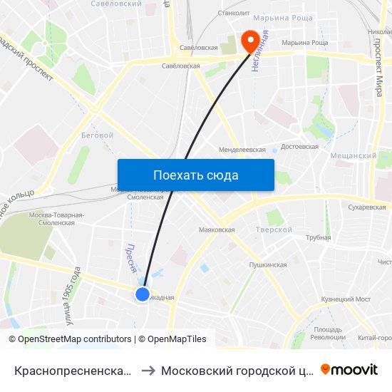 Краснопресненская (Krasnopresnenskaya) to Московский городской центр рассеянного склероза map