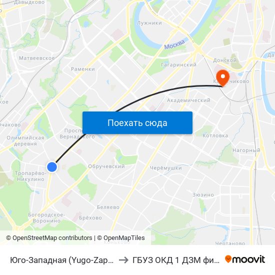 Юго-Западная (Yugo-Zapadnaya) to ГБУЗ ОКД 1 ДЗМ филиал 1 map