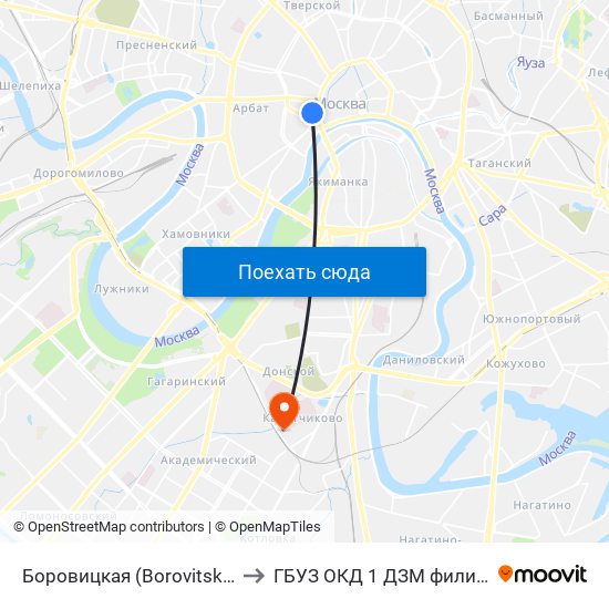 Боровицкая (Borovitskaya) to ГБУЗ ОКД 1 ДЗМ филиал 1 map