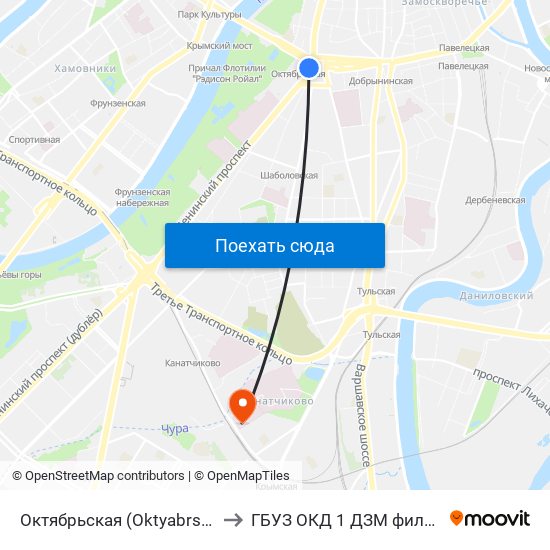 Октябрьская (Oktyabrskaya) to ГБУЗ ОКД 1 ДЗМ филиал 1 map