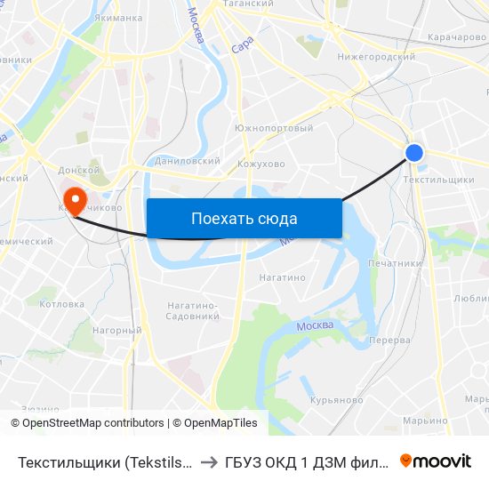 Текстильщики (Tekstilschiki) to ГБУЗ ОКД 1 ДЗМ филиал 1 map