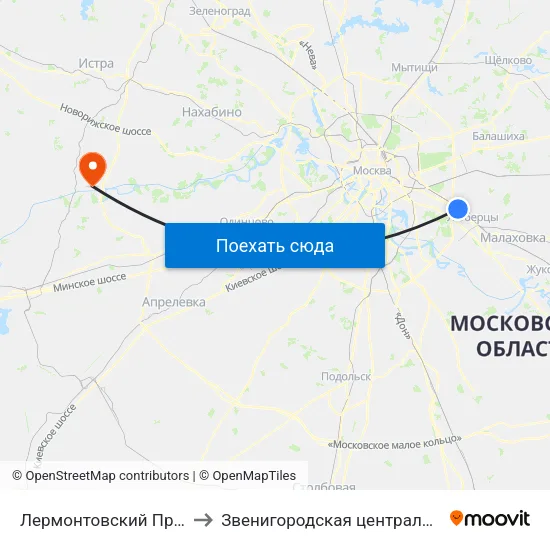 Лермонтовский Проспект (Lermontovsky Prospekt) to Звенигородская центральная городская больница им. А.П. Чехова map