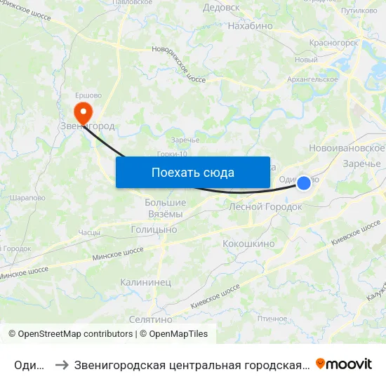 Одинцово to Звенигородская центральная городская больница им. А.П. Чехова map