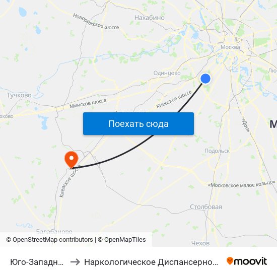 Юго-Западная (Yugo-Zapadnaya) to Наркологическое Диспансерное Отделение ( Психиатрическая Больница 23 ) map