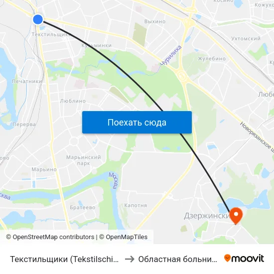 Текстильщики (Tekstilschiki) to Областная больница map