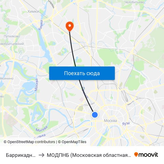 Баррикадная (Barrikadnaya) to МОДПНБ (Московская областная детская психоневрологическая больница) map