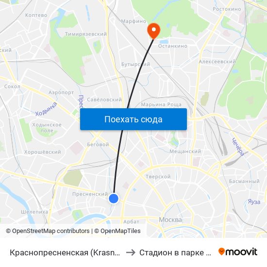 Краснопресненская (Krasnopresnenskaya) to Стадион в парке Останкино map