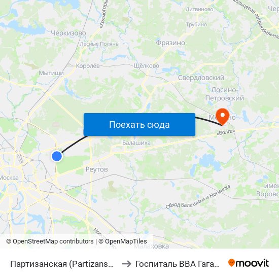 Партизанская (Partizanskaya) to Госпиталь ВВА Гагарина map