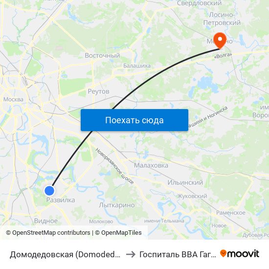 Домодедовская (Domodedovskaya) to Госпиталь ВВА Гагарина map