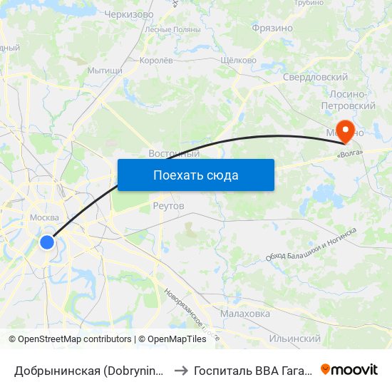 Добрынинская (Dobryninskaya) to Госпиталь ВВА Гагарина map