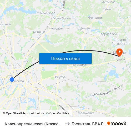 Краснопресненская (Krasnopresnenskaya) to Госпиталь ВВА Гагарина map