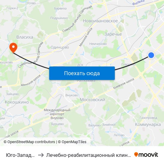 Юго-Западная (Yugo-Zapadnaya) to Лечебно-реабилитационный клинический центр "Юдино" - филиал ФГБУ "РНЦ МРиК МЗ РФ map