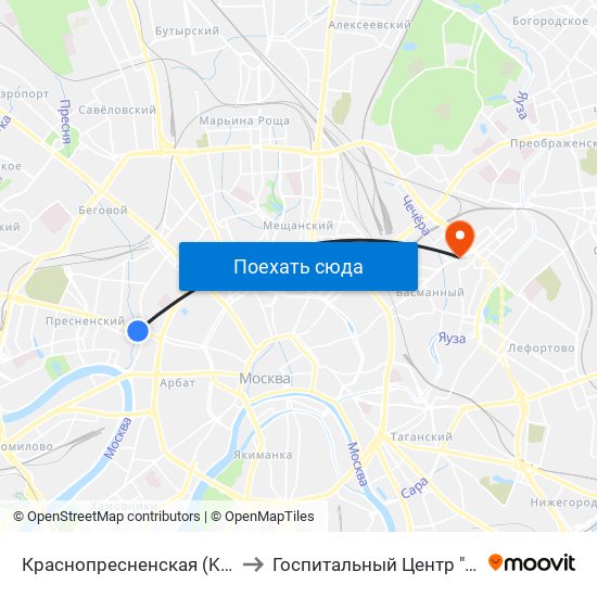 Краснопресненская (Krasnopresnenskaya) to Госпитальный Центр "Семейный доктор" map