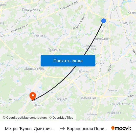 Метро "Бульв. Дмитрия Донского" to Вороновская Поликлиника map