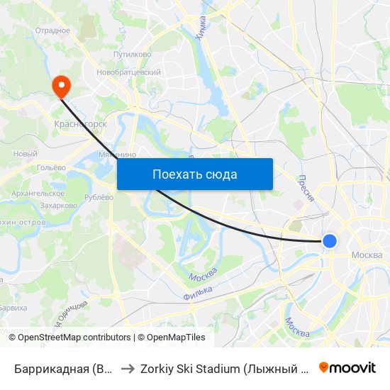 Баррикадная (Barrikadnaya) to Zorkiy Ski Stadium (Лыжный стадион «Зоркий») map