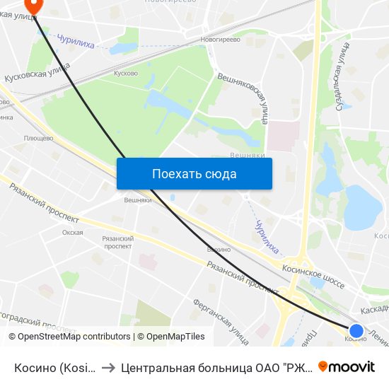 Косино (Kosino) to Центральная больница ОАО "РЖД" #4 map