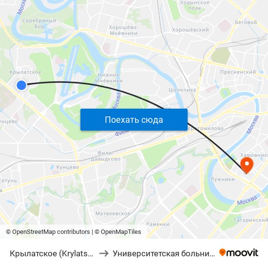 Крылатское (Krylatskoe) to Университетская больница 4 map