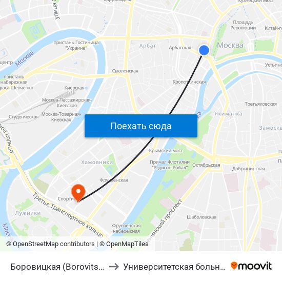 Боровицкая (Borovitskaya) to Университетская больница 4 map