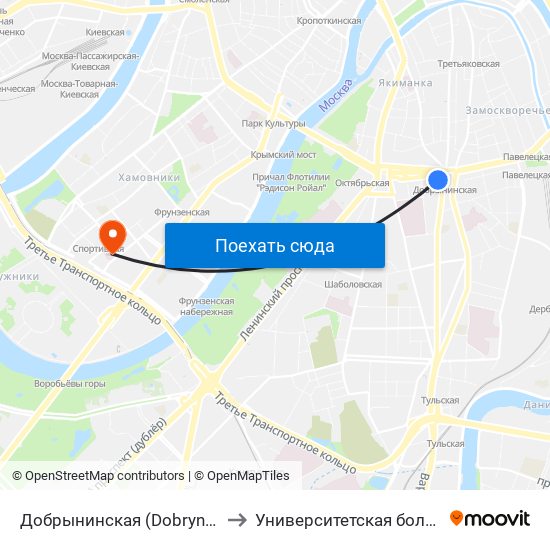 Добрынинская (Dobryninskaya) to Университетская больница 4 map