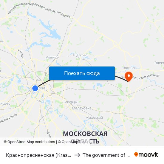 Краснопресненская (Krasnopresnenskaya) to The government of Travmatology map
