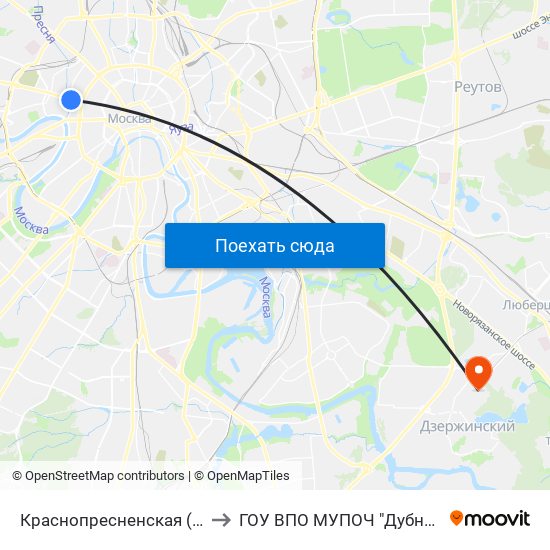Краснопресненская (Krasnopresnenskaya) to ГОУ ВПО МУПОЧ "Дубна" филиал "Котельники" map