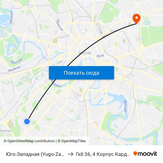 Юго-Западная (Yugo-Zapadnaya) to Гкб 36, 4 Корпус Кардиология map