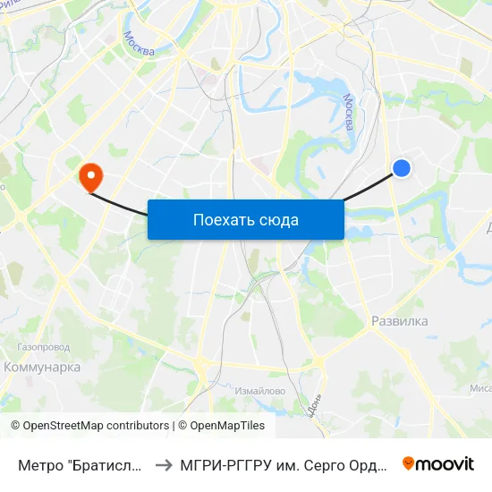 Метро "Братиславская" to МГРИ-РГГРУ им. Серго Орджоникидзе map