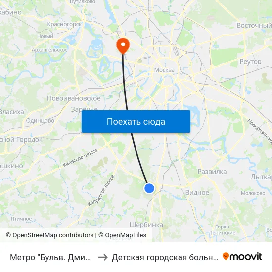 Метро "Бульв. Дмитрия Донского" to Детская городская больница им. Филатова map