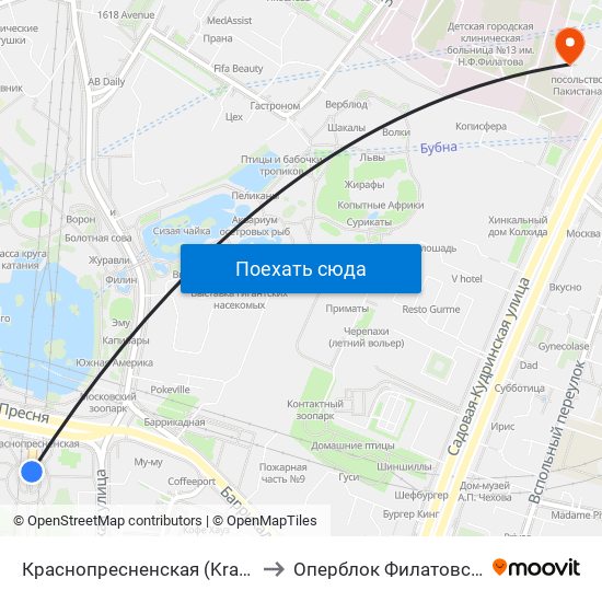 Краснопресненская (Krasnopresnenskaya) to Оперблок Филатовской больницы map