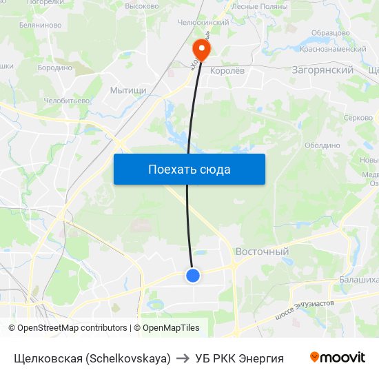 Щелковская (Schelkovskaya) to УБ РКК Энергия map