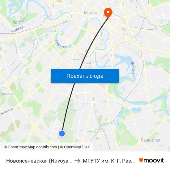 Новоясеневская (Novoyasenevskaya) to МГУТУ им. К. Г. Разумовского map