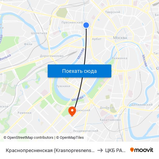 Краснопресненская (Krasnopresnenskaya) to ЦКБ РАН 2 map