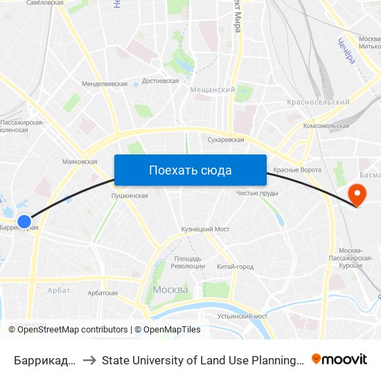Баррикадная (Barrikadnaya) to State University of Land Use Planning (Государственный университет по землеустройству) map