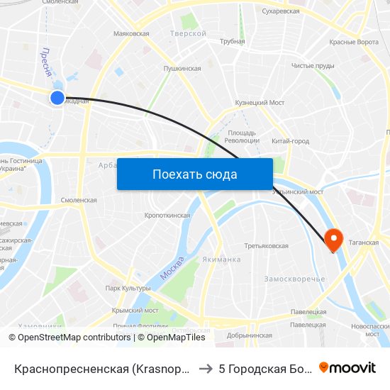 Краснопресненская (Krasnopresnenskaya) to 5 Городская Больница map