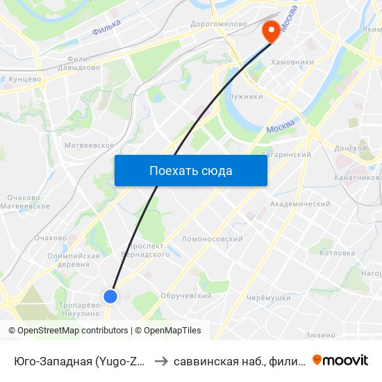 Юго-Западная (Yugo-Zapadnaya) to саввинская наб., филиал МЭСИ map