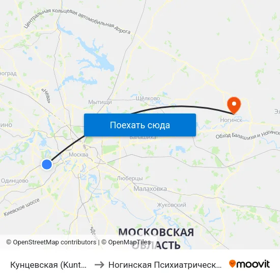Кунцевская (Kuntsevskaya) to Ногинская Психиатрическая больница map