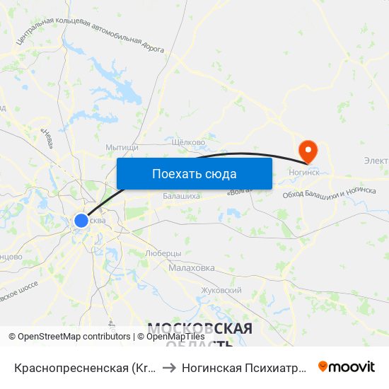 Краснопресненская (Krasnopresnenskaya) to Ногинская Психиатрическая больница map