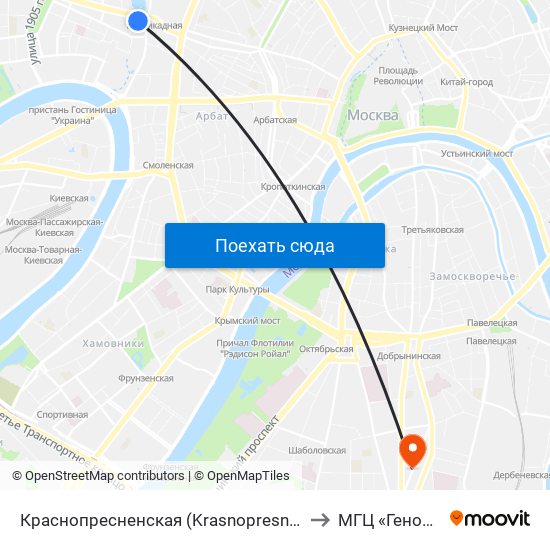 Краснопресненская (Krasnopresnenskaya) to МГЦ «Геномед» map