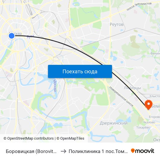 Боровицкая (Borovitskaya) to Поликлиника  1 пос.Томилино map