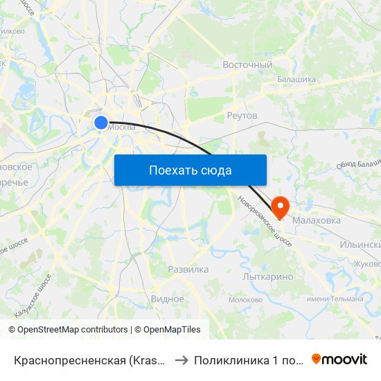 Краснопресненская (Krasnopresnenskaya) to Поликлиника  1 пос.Томилино map